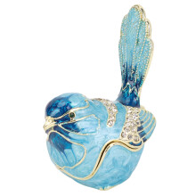Vogel Schmuckdose Blau mit Scharnier Kristalle Metall Emaille