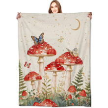 Couverture rouge champignon Ă motif papillon, douce polaire
