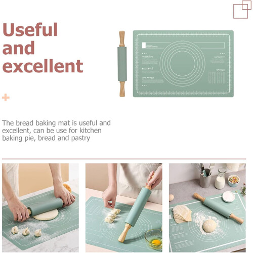 Silicone Non-Stick Pastry Mat with Wooden Rolling Pin Set, Kitchen Baking Dough Accessory Featuring 2