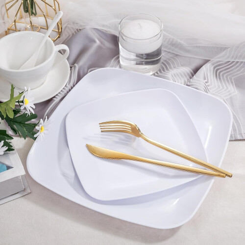 Assiettes carrées jetables en plastique blanc (64 pièces) 1