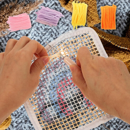 DIY Embroidery Coaster Kit Rainbow Light Beige Latch Hook Set with Cup Mat Materials 2