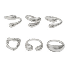Set mit 6 eleganten Metallringen mit Lava-Textur,-Silber