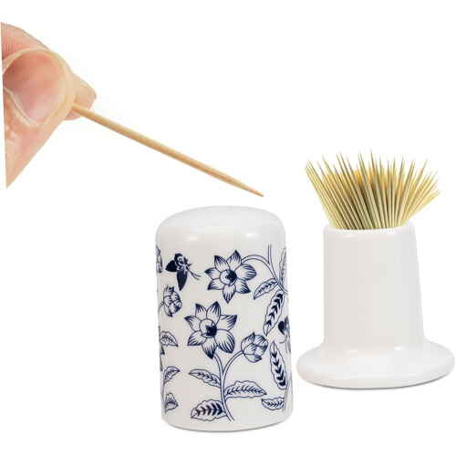 Toothpick Dispenser Blue White Decor Ceramic Toothpick Storage Box Holder Jar 1