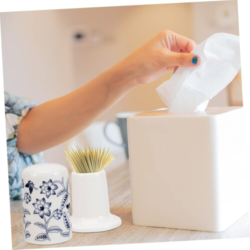 Toothpick Dispenser Blue White Decor Ceramic Toothpick Storage Box Holder Jar 2