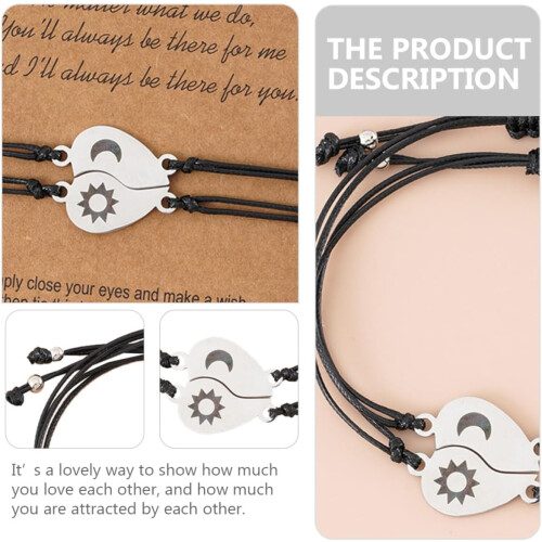 2 peças de aço inoxidável lua e estrela gravado casais pulseiras tecidas conjunto 1