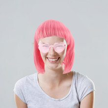 Hot Pink Synthetic Short Bob Wig with Bangs for Women, Includes Heart-Shaped Sunglasses and Hair Cap