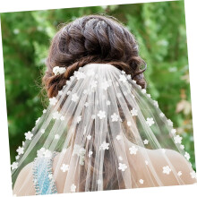 Korte witte bruidssluier met bloemenprint en kam, lichtgewicht, enkellaags tule gezichtssluier.