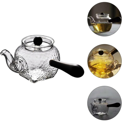 Tetera de vidrio resistente al calor, práctica tetera con mango de madera cómodo.
