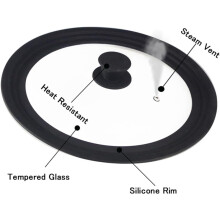 Universeel deksel voor potten en pannen van 26 cm, 28 cm en 30 cm. Gemaakt van gehard glas en hittebestendig siliconen.