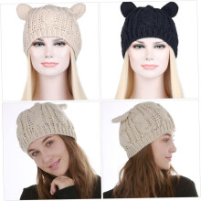 2pcs Woolen Hat Winter Thicken Knitted Beanie for Women Girls Warm Indoor Outdoor Use Cute Cat Ears Design