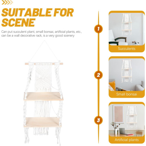Handmade Boho Macrame Wall Shelf Cotton Rope, Multipurpose Floating Plant Shelf 2