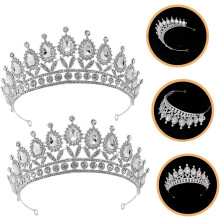 2Pcs Silver Rhinestone Princess Crown Tiara Elegant Bridal Headpiece