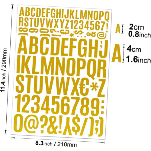 12pcs DIY autocolantes alfabeto número autocolantes 0,8-1,6 polegadas impermeáveis folha de ouro carta decals 1