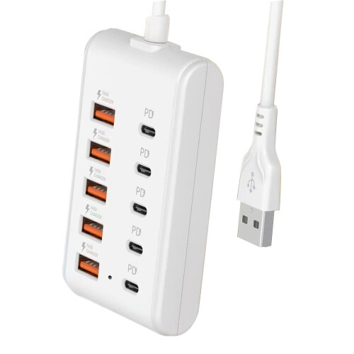 10 USB-Anschlüsse mit 5 USB- und 5 Typ-C-Ladeanschlüssen für