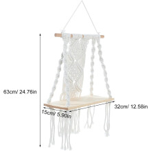 Estante de pared de macramé estilo bohemio, tejido de algodón beige, estante flotante para plantas, fácil instalación y portátil.