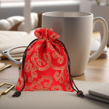Tibetan Handmade Brocade Singing Bowl Storage Bag Drawstring Pouch Red 13x16cm