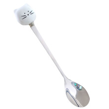 Baby lepelset van roestvrij staal met kattendesign en rond rubberen handvat.