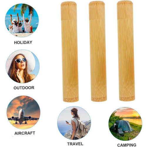 Bamboo Toothbrush Holder Travel Case 3pcs Set Light Brown Practical Toothbrush Container 1