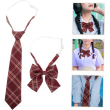 2-teiliges japanisches Matrosen-Outfit mit Karomuster: Fliege und Hemd für Damen, bequeme Baumwolle