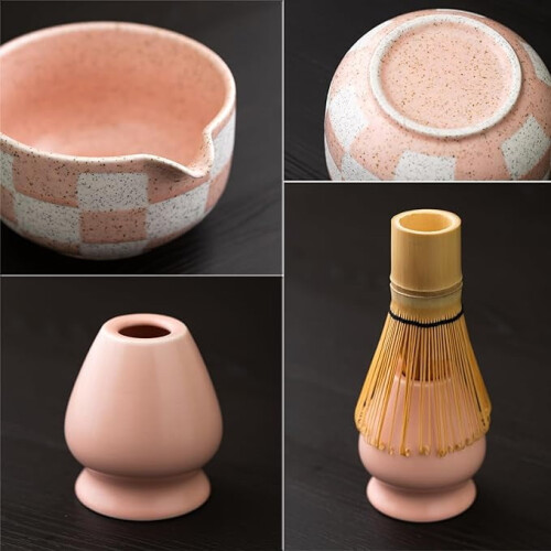 Set da matcha giapponese: ciotola in ceramica, frusta in bambù, supporto e 1