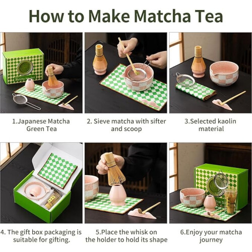 Set da matcha giapponese: ciotola in ceramica, frusta in bambù, supporto e 2