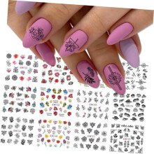 36 stuks zwarte nagelstickers voor doe-het-zelf nageldecoratie voor meisjes en vrouwen, waterbestendige stickers met diverse patronen.