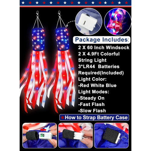 Κόκκινη Λευκή Μπλε LED Κάλτσα Αντιανεμικού Patriotic 60 ιντσών – Συσκευασία των 2 2