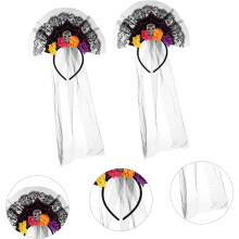 2 buc bentițe de păr din dantelă cu craniu și flori, cercei de păr pentru petrecere de Halloween, decor de tifon