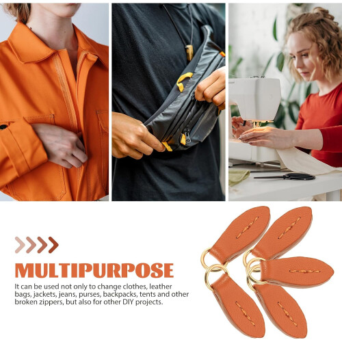 5pcs Leaf-Shaped Genuine Leather Double-Layer Zipper Pull Tabs in Tan, Small Detachable Zipper Heads 2