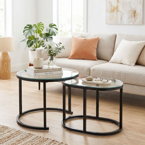 Homcom HOMCOM 2 Pcs Modern Coffee Table with Tempered Glass Tabletop, Black