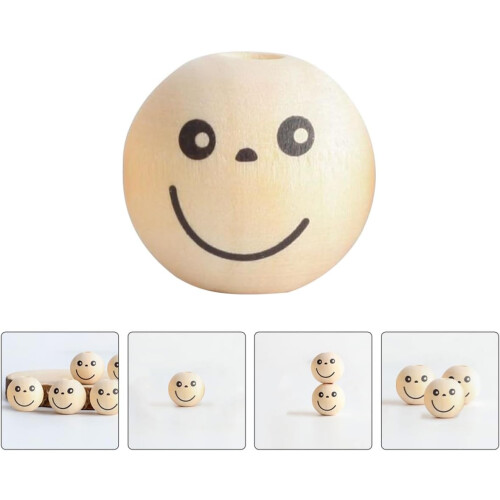 50 τεμάχια ξύλινες χάντρες Smile Face για κατασκευή κοσμημάτων, χύμα, από φυσικό ξύλο 2