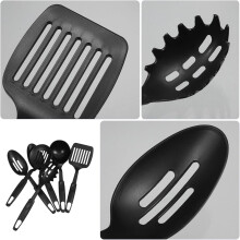 Set di 6 utensili da cucina in nylon resistenti al calore, neri, robusti e compatti.