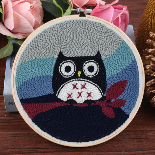 Round Punch Embroidery Kit for Beginners with Owl Pattern, Embroidery Base Frame Tools Set