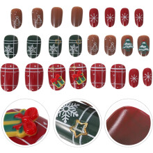 Almond-shaped False Nails for Christmas Holiday Medium Snowflake Tree Prints Reusable Glue Nail Tips for Women DIY Manicure