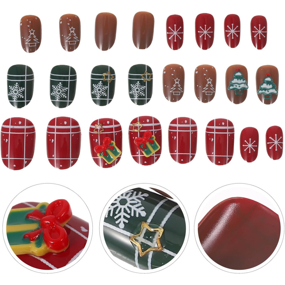Hkhbjs Almond-Shaped False Nails For Christmas Holiday Medium Snowflake Tree Prints Reusable Glue Nail Tips For Women Diy Manicure