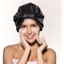 Elastische Satin-Haarpflegehauben, 2er-Pack, doppellagig, Schlafhauben, Schwarz und Rosarot, für Damen, Nachtschutz