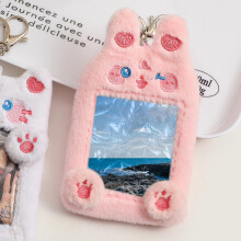 Plush Animal Card Holder Keychain, 3-Inch Visible Id Bus Card Case Winking Rabbit Design