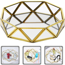 Ampio vassoio a specchio geometrico, organizer per gioielli, vassoio in vetro e ferro dorato, facile da pulire, versatile.