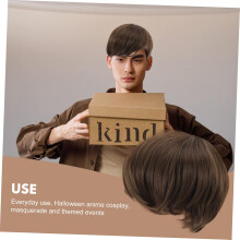 Men’s Short Dark Brown Synthetic Fiber Wig, Side-parted Bangs Hairpiece for Cosplay and Costume