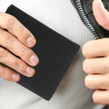 Leren portemonnee/ID-kaarthouder zwart, creditcardhouder met dubbele ringband, documentenvak