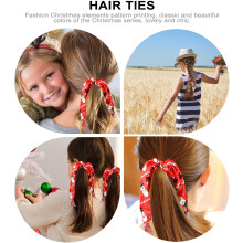 6pcs Christmas Patterned Ribbon Hair Rings Bow Hair Accessories Women Ponytail Holder Ties Rope Assorted style