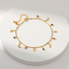 Fußkettchen aus 18-karätig vergoldetem Kupfer mit Mond- und Sternmotiv und Zirkonia – Sommer-Schmuck für Damen, perfekt für Strand und Freizeit