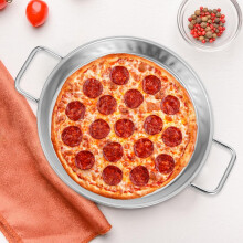 Pizzapan met handvatten, kleine, verdikte roestvrijstalen bakplaat met dubbele handvatten, ovenpizza bakbenodigdheden, zilverkleurig