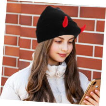 Gehäkelte Dämonenmütze, warme Strickmütze mit Hörnern für Damen und Herren, ideal für Outdoor-Abenteuer und Halloween-Partys, Schwarz