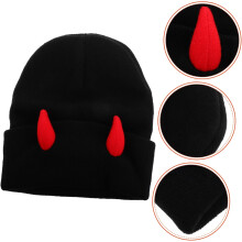 Crochet Demon Cap Boneco de malha quente com chifres para mulheres Homens Aventuras ao ar livre e festa de Halloween Vestir preto