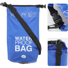 Bolsa impermeable de 10 litros, color azul, ideal para actividades al aire libre como rafting, natación y playa, con correa para el hombro.