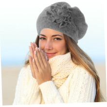 Damen-Baskenmütze aus Kaninchenfell, Wollstrick, warme Mütze mit Fellfutter