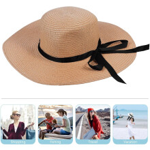 Cappello da sole pieghevole da donna in paglia con fiocco, 55-58 cm, con ampia tesa regolabile, ideale per l'estate e la spiaggia.