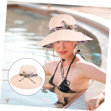 Sombrero de playa beige de ala ancha para mujer con hebilla de madera, sombrero de verano para exteriores que protege del sol.