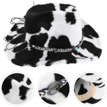 Cow Print Plush Hat Wide Brim Cowgirl Hat for Outdoor Travel Beach Sun Shade Women Costume Cow Print